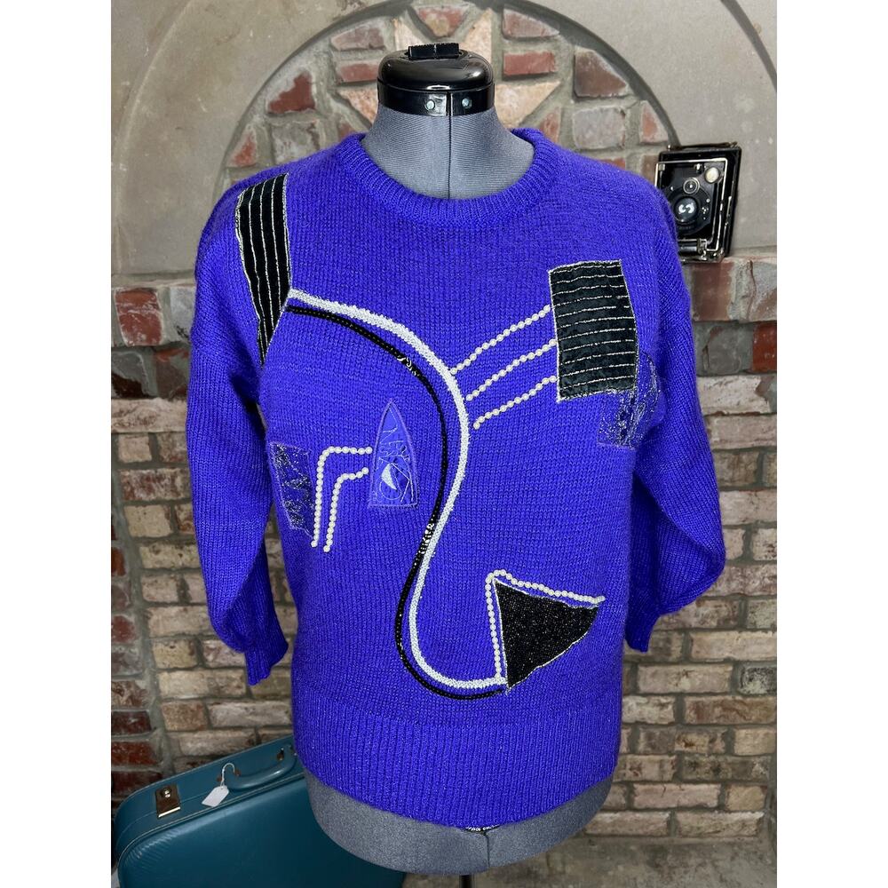 sweater vintage 1980s geometric beads purple black cream